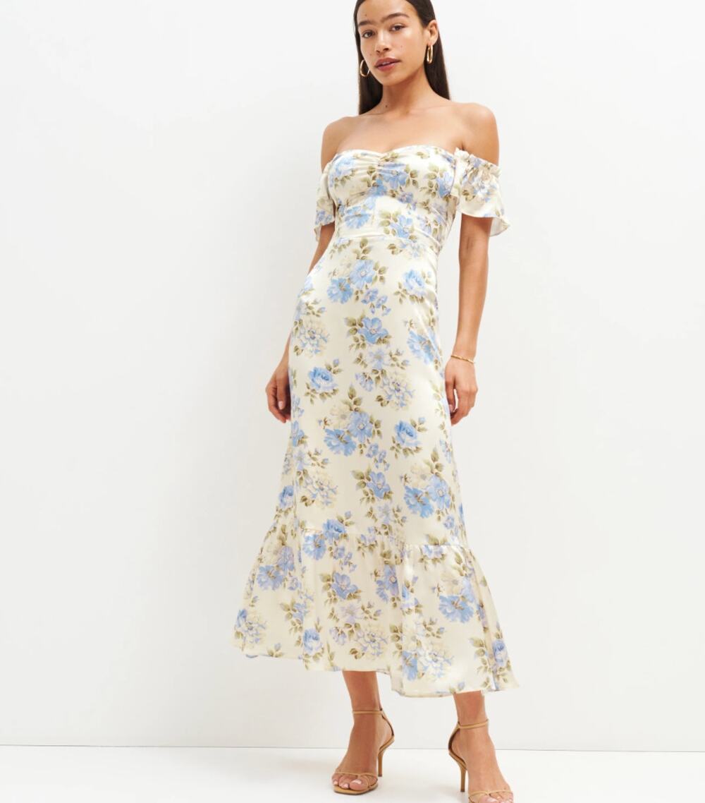 NWT Reformation Sianna 100% Silk Midi Dress Floral Print Off Shoulder Romantic 8